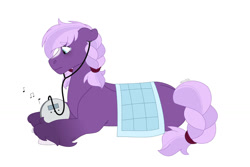 Size: 1280x854 | Tagged: safe, artist:itstechtock, oc, oc only, oc:bell pepper, earth pony, pony, blanket, braid, earbuds, female, lying down, magical lesbian spawn, mare, missing cutie mark, music notes, offspring, parent:cayenne, parent:raspberry sorbet, prone, sad, simple background, solo, teary eyes, unshorn fetlocks, white background