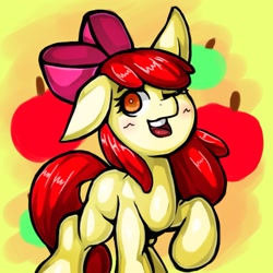 Size: 1543x1543 | Tagged: safe, artist:kyouman1010, apple bloom, earth pony, pony, g4, female, filly, one eye closed, raised hoof, smiling, solo