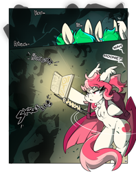 Size: 2850x3600 | Tagged: safe, artist:bbsartboutique, oc, oc only, oc:blood moon, oc:cloud skipper, oc:sky rider, bat pony, pegasus, pony, comic:home is where the haunt is, angry, backpack, bat pony oc, book, comic, dialogue, female, high res, mare, monster, pegasus oc, text, twins
