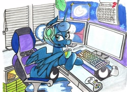 Size: 2340x1700 | Tagged: safe, artist:starpaintart, princess luna, alicorn, pony, gamer luna, g4, calendar, chair, computer, computer mouse, computer screen, controller, crossed hooves, desk, drink, drinking, female, food, headset, keyboard, looking at you, mare, microwave, pizza rolls, sitting, solo, traditional art