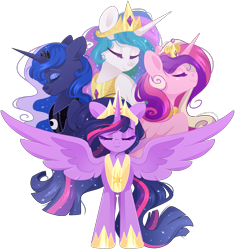 Size: 2163x2283 | Tagged: safe, artist:cinnamontee, princess cadance, princess celestia, princess luna, twilight sparkle, alicorn, pony, g4, the last problem, alicorn tetrarchy, crown, ethereal mane, eyes closed, female, group, high res, hoof shoes, horn, jewelry, mare, older, older twilight, older twilight sparkle (alicorn), peytral, princess twilight 2.0, quartet, regalia, royal sisters, siblings, simple background, sisters, smiling, spread wings, starry mane, transparent background, twilight sparkle (alicorn), wings