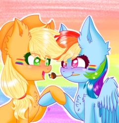 Size: 2382x2466 | Tagged: safe, artist:galaxy swirl, applejack, rainbow dash, earth pony, pegasus, pony, g4, cute, dashabetes, duo, duo female, face paint, female, high res, holding hooves, jackabetes, lesbian, looking at each other, mare, mouth hold, paintbrush, pride, pride flag, ship:appledash, shipping