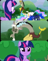 Size: 4096x5120 | Tagged: safe, edit, edited screencap, editor:zcord, screencap, discord, princess celestia, princess luna, twilight sparkle, alicorn, draconequus, pony, g4, season 9, the ending of the end, 3 panel comic, absurd resolution, bowing, collage, comic, cropped, crown, eyes closed, female, happy, hoof on chest, jewelry, male, mare, proud, regalia, royal sisters, screencap comic, siblings, sisters, smiling, twilight sparkle (alicorn)