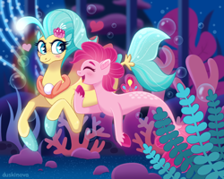 Size: 1000x800 | Tagged: safe, artist:duskinova, pinkie pie, princess skystar, earth pony, pony, seapony (g4), g4, my little pony: the movie, bioluminescent, blue eyes, blue mane, blushing, bubble, coral, dorsal fin, eyes closed, female, fish tail, flower, flower in hair, flowing tail, freckles, heart, jewelry, lesbian, looking at each other, necklace, ocean, open mouth, open smile, pearl necklace, pink mane, seaponified, seapony pinkie pie, seaquestria, seaweed, ship:skypie, shipping, smiling, species swap, swimming, tail, underwater, water