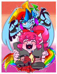 Size: 1024x1324 | Tagged: safe, artist:thegreatrouge, pinkie pie, rainbow dash, earth pony, pegasus, anthro, g4, alternate hairstyle, boots, bow, clothes, female, fingerless gloves, gloves, grin, hair bow, headband, jacket, leather jacket, lesbian, lesbian pride flag, one eye closed, open mouth, pants, pride, pride flag, ship:pinkiedash, shipping, shirt, shoes, skirt, smiling, t-shirt, tank top, wink