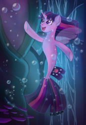 Size: 2013x2930 | Tagged: safe, artist:kiravia28, twilight sparkle, alicorn, pony, seapony (g4), g4, bubble, clothes, dorsal fin, female, fin wings, fish tail, flowing mane, flowing tail, high res, horn, looking up, ocean, open mouth, purple eyes, seaponified, seapony twilight, seaquestria, see-through, signature, smiling, solo, species swap, tail, twilight sparkle (alicorn), underwater, water, wings