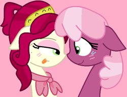Size: 572x437 | Tagged: safe, artist:hugger-luver, artist:jadeharmony, cheerilee, cherry jubilee, earth pony, pony, g4, bandana, base used, bedroom eyes, blushing, cherrycheer, eyeshadow, female, lesbian, looking at each other, makeup, mare, pink background, shipping, simple background, sweat, sweatdrop, tongue out