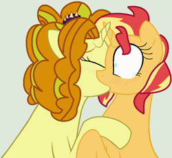 Size: 908x835 | Tagged: safe, artist:jadeharmony, artist:yaribases, adagio dazzle, sunset shimmer, pony, unicorn, g4, base used, blushing, equestria girls ponified, eyes closed, female, gray background, horn, horns are touching, hug, kiss on the lips, kissing, lesbian, mare, ponified, raised hoof, ship:sunsagio, shipping, simple background, surprise kiss, surprised