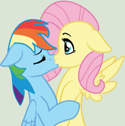 Size: 780x786 | Tagged: safe, artist:jadeharmony, artist:lullabyprince, fluttershy, rainbow dash, pegasus, pony, g4, base used, duo, eyes closed, female, gray background, hug, kiss on the lips, kissing, lesbian, mare, raised hoof, ship:flutterdash, shipping, simple background, spread wings, wings