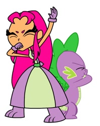 Size: 744x941 | Tagged: safe, artist:lsalusky, spike, dragon, human, g4, beatboxing, duo, eyes closed, female, male, simple background, starfire, teen titans go, white background