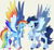 Size: 1768x1624 | Tagged: safe, artist:wanderingpegasus, rainbow dash, soarin', pegasus, pony, g4, alternate hairstyle, blaze (coat marking), chest fluff, coat markings, colored hooves, colored wings, duo, ear fluff, facial markings, facing each other, feathered fetlocks, female, freckles, gradient wings, grin, leg fluff, looking at each other, male, mare, markings, multicolored wings, not shipping, pale belly, rainbow wings, redesign, scrunchy face, simple background, smiling, snip (coat marking), socks (coat markings), spread wings, stallion, standing, tail feathers, two toned wings, unshorn fetlocks, wings, yellow background