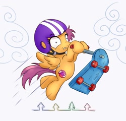 Size: 1190x1142 | Tagged: safe, artist:nedemai, scootaloo, pegasus, pony, g4, atg 2021, cloud, helmet, newbie artist training grounds, scooter, shrunken pupils, solo, tree, uh oh