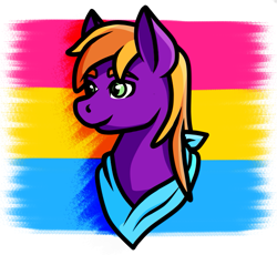 Size: 621x571 | Tagged: safe, artist:deathtoaster, oc, oc only, oc:burningstar, pegasus, pony, bust, clothes, cute, pansexual, pansexual pride flag, portrait, pride, pride flag, pride month, scarf, smiling, solo