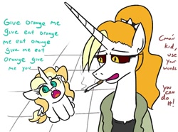 Size: 970x721 | Tagged: safe, artist:jargon scott, oc, oc only, oc:dyx, oc:dyxkrieg, alicorn, pony, bathrobe, broken english, cigarette, clothes, dialogue, duo, female, filly, magical lesbian spawn, mare, meme, mother and child, mother and daughter, neurodivergent, offspring, older, older dyx, open mouth, parent:oc:dyx, parent:oc:luftkrieg, parents:oc x oc, robe, smoking, wingding eyes