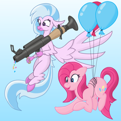 Size: 1280x1280 | Tagged: safe, artist:darkgred, pinkie pie, silverstream, classical hippogriff, earth pony, hippogriff, pony, g4, confetti, cute, cuteamena, duo, duo female, female, mare, pinkamena diane pie, rocket launcher, streamers, team fortress 2, weapon