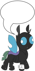 Size: 2050x4096 | Tagged: safe, artist:theunidentifiedchangeling, oc, oc only, oc:[unidentified], changeling, closed mouth, cute, cuteling, derp, eyes open, fangs, horn, male, simple background, smiling, solo, speech bubble, standing up, symbol, template, three quarter view, transparent background, wings