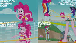 Size: 1280x720 | Tagged: safe, edit, edited screencap, editor:quoterific, screencap, fluttershy, pinkie pie, rainbow dash, rarity, equestria girls, equestria girls specials, g4, my little pony equestria girls: better together, my little pony equestria girls: forgotten friendship, beach, belly button, clothes, geode of fauna, geode of sugar bombs, geode of super speed, hat, jewelry, magical geodes, necklace, one-piece swimsuit, open mouth, sandals, sports, swimsuit, volleyball, volleyball net