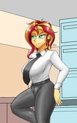 Size: 1000x1600 | Tagged: safe, artist:zachc, sunset shimmer, equestria girls, g4, clothes, female, necktie, office, solo