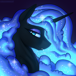 Size: 2000x2000 | Tagged: safe, artist:kirasunnight, nightmare moon, alicorn, pony, g4, bust, ethereal mane, female, hair over one eye, high res, looking at you, mare, nicemare moon, solo, starry mane