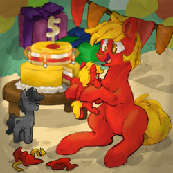 Size: 2048x2048 | Tagged: safe, artist:mkd, oc, oc:default pony, oc:fez, oc:offline, earth pony, pony, pony town, 5, anniversary, cake, candle, food, happy, high res, plushie, present, table, toy
