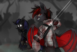 Size: 3620x2461 | Tagged: safe, artist:mediasmile666, oc, oc only, bat pony, pony, bat pony oc, blood, duo, female, high res, male, mare, slit pupils, spread wings, stallion, wings