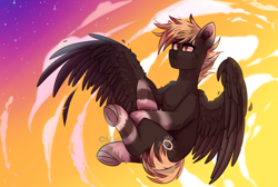 Size: 3000x2017 | Tagged: safe, artist:mediasmile666, oc, oc only, pegasus, pony, cloud, flying, high res, male, sky, spread wings, stallion, stars, wings
