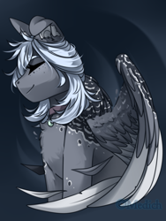Size: 1484x1976 | Tagged: safe, artist:mediasmile666, oc, oc only, pegasus, pony, abstract background, coat markings, collar, eyes closed, female, freckles, mare, sitting, solo, spread wings, wings