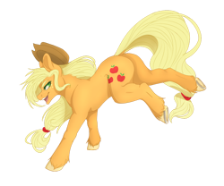 Size: 1280x1067 | Tagged: safe, artist:copshop, applejack, earth pony, pony, g4, applebutt, bucking, butt, dock, female, hat, horseshoes, looking back, mare, muscles, open mouth, open smile, plot, simple background, smiling, solo, transparent background, underhoof, unshorn fetlocks