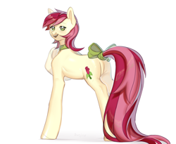 Size: 2800x2300 | Tagged: safe, artist:dundee, roseluck, earth pony, pony, g4, bow, butt, collar, commission, commissioner:doom9454, cute, high res, long tail, pet tag, plot, pony pet, rosebutt, rosepet, tail bow