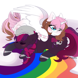 Size: 3000x3000 | Tagged: safe, artist:2pandita, oc, oc only, alicorn, earth pony, pony, bow, female, glasses, high res, mare, rainbow, simple background, tail bow, white background