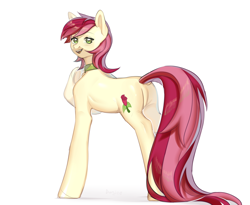 Size: 2800x2300 | Tagged: safe, alternate version, artist:dundee, roseluck, earth pony, pony, g4, butt, collar, commission, commissioner:doom9454, cute, dock, high res, long tail, pet tag, pony pet, rosebutt, rosepet