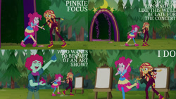 Size: 1280x720 | Tagged: safe, edit, edited screencap, editor:quoterific, screencap, oxford brush, pinkie pie, sunset shimmer, equestria girls, equestria girls specials, g4, my little pony equestria girls: better together, my little pony equestria girls: sunset's backstage pass, clothes, cutie mark, cutie mark on clothes, eyes closed, female, geode of empathy, geode of sugar bombs, magical geodes, male, music festival outfit, open mouth