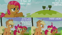 Size: 1280x720 | Tagged: safe, edit, edited screencap, editor:quoterific, screencap, apple bloom, applejack, babs seed, earth pony, pony, apple family reunion, g4, season 3, apple bloom's bow, applejack's hat, bow, cowboy hat, female, filly, flag, hair bow, hat, mare, open mouth, sweet apple acres, tree