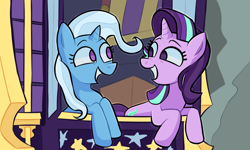 Size: 1280x766 | Tagged: safe, artist:tedcomputer, starlight glimmer, trixie, pony, unicorn, g4, road to friendship, looking at each other, open mouth, open smile, scene interpretation, smiling