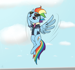 Size: 3200x3000 | Tagged: safe, artist:underwoodart, rainbow dash, pegasus, pony, flight of the valkyrie, g4, the last problem, clothes, cloud, female, flying, high res, jacket, older, older rainbow dash, simple background, solo, sunshine