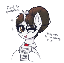 Size: 2048x2022 | Tagged: safe, artist:confetticakez, raven, pony, unicorn, bust, cute, eye clipping through hair, eyelashes, female, glasses, hair bun, happy, high res, horn, looking at you, mare, necktie, one eye closed, open mouth, paper, paperwork, ravenbetes, simple background, smiling, smiling at you, solo, text, wink, winking at you