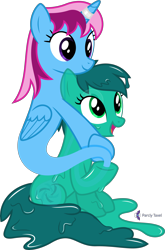 Size: 4000x6063 | Tagged: safe, artist:parclytaxel, oc, oc only, oc:morpha, oc:parcly taxel, alicorn, genie, genie pony, goo, goo pony, original species, pony, ain't never had friends like us, albumin flask, .svg available, absurd resolution, bottle, female, hug, looking down, looking up, mare, monthly reward, simple background, sitting, smiling, stuck, transparent background, vector