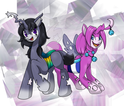 Size: 1560x1338 | Tagged: safe, artist:scittykitty, oc, oc only, changeling, changeling queen, :d, abstract background, changeling queen oc, duo, open mouth, raised hoof, smiling