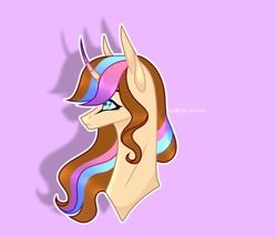 Size: 1080x926 | Tagged: safe, artist:sia.brony, oc, oc only, oc:sia, pony, unicorn, bust, curved horn, female, horn, mare, purple background, signature, simple background, solo, unicorn oc