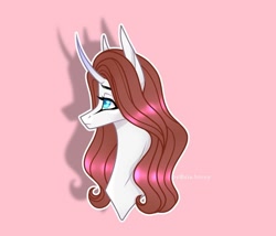 Size: 1080x926 | Tagged: safe, artist:sia.brony, oc, oc only, pony, unicorn, bust, curved horn, female, horn, mare, pink background, signature, simple background, solo, unicorn oc