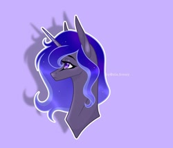 Size: 1080x926 | Tagged: safe, artist:sia.brony, oc, oc only, pony, unicorn, bust, ethereal mane, female, horn, mare, purple background, signature, simple background, solo, starry mane, unicorn oc