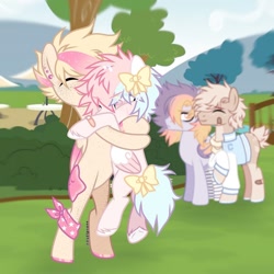 Size: 1080x1080 | Tagged: safe, artist:fluffponee, oc, oc only, pegasus, pony, bipedal, bow, boyfriend, colt, colt on colt, ear piercing, ethereal mane, eyes closed, gay, hair bow, holding a pony, hug, male, outdoors, pegasus oc, piercing, signature, smiling, stallion, starry mane, tail, tail bow, teenager, tree, two toned wings, unshorn fetlocks, wings