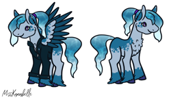 Size: 1336x765 | Tagged: safe, artist:misskanabelle, oc, oc only, earth pony, pegasus, pony, clothes, earth pony oc, female, hoof fluff, mare, offspring, parent:princess luna, parents:canon x oc, pegasus oc, signature, simple background, two toned wings, white background, wings