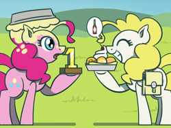 Size: 1800x1350 | Tagged: safe, artist:flutterluv, pinkie pie, surprise, earth pony, pony, g4, atg 2021, bag, duo, food, hot sauce, newbie artist training grounds, pie, pied, saddle bag, speech bubble, trophy