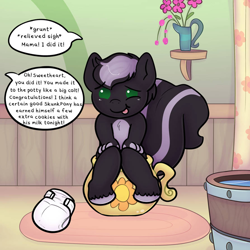 Size: 894x894 | Tagged: safe, artist:uniamoon, oc, oc only, oc:zenawa skunkpony, earth pony, hybrid, pony, skunk, skunk pony, bathroom, chamber pot, diaper, flower, foal, implied fluttershy, implied peeing, implied pooping, offscreen character, potty, potty training, raised tail, sitting, speech bubble, tail, tongue out