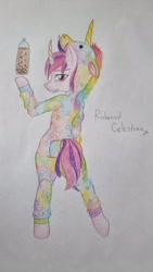 Size: 1216x2160 | Tagged: safe, oc, oc:corruption drop, pony, unicorn, clothes, costume, kigurumi, looking at you, rearing, solo, traditional art