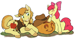 Size: 1200x650 | Tagged: safe, artist:askbrae-burn, apple bloom, braeburn, earth pony, pony, g4, bow, clothes, colored hooves, cousins, cowboy hat, duo, female, filly, hair bow, hat, male, pumpkin, shirt, simple background, stallion, white background