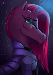 Size: 2896x4096 | Tagged: safe, artist:opal_radiance, tempest shadow, pony, unicorn, g4, my little pony: the movie, alternate hairstyle, armor, broken horn, eye scar, female, fireworks, horn, mare, profile, scar, solo, storm king armor