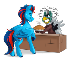 Size: 3706x3092 | Tagged: safe, artist:luximus17, oc, oc only, oc:andrew swiftwing, oc:duk, bird, duck pony, pony, butt, duo, fangirling, food, high res, ohmygosh, onomatopoeia, pie, plot, pomf, quack, simple background, smiling, starry eyes, starstruck, transparent background, wingding eyes