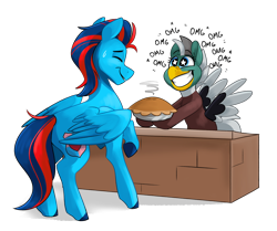 Size: 3706x3092 | Tagged: safe, artist:luximus17, oc, oc only, oc:duk, oc:swiftwing, bird, duck pony, pony, butt, duo, fangirling, food, high res, ohmygosh, onomatopoeia, pie, plot, pomf, quack, simple background, smiling, starry eyes, starstruck, transparent background, wingding eyes